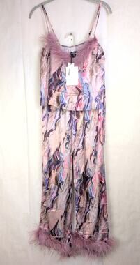 New Nasty Gal marble satin removable feather trim pajama set Size 2 Mauve Glam